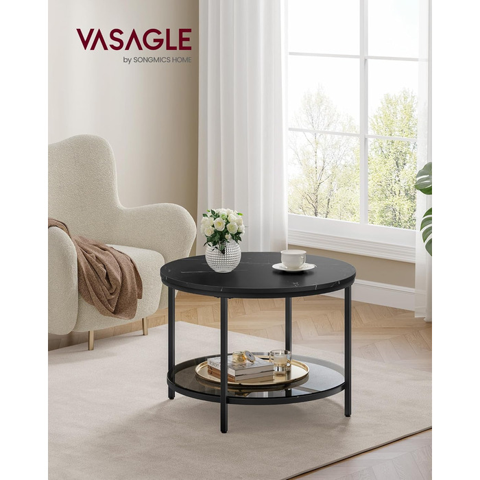 Журнальний столик VASAGLE, стіл для вітальні, диван-столик, для вітальні, зі скляною стільницею, багато місця для зберігання, легке складання, сучасний стиль, мармуровий чорний-чорний LCT072B58 65d см мармуровий чорний чорнильний чорний