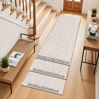 Килимова доріжка SHACOS довга 80x300 см, нековзка, бежева, можна прати, довгий килим з коротким ворсом для кухні, передпокою, вітальні, спальні, 80 x 300 см (прямокутна), бежевий лист