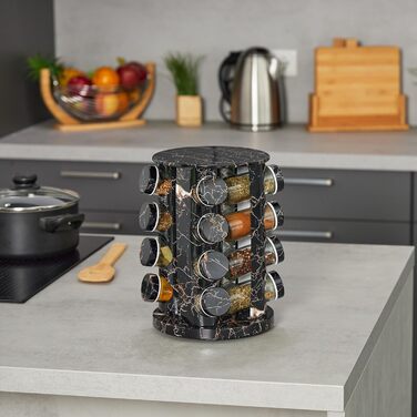 Карусель для спецій Relaxdays з 16 баночками для спецій, зі вставкою-шейкером, обертовий, багаторазовий блок для спецій, мармуровий вигляд, чорний
