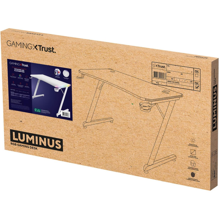 Ігровий стіл Trust Gaming GXT 709W Luminus RGB зі світлодіодним підсвічуванням, 10 режимами, живленням від USB, білий ігровий стіл з гарнітурою та підставкою для чашок, 120 x 60 см, комп&39ютерний стіл для офісу, геймерський 120 x 60 см - RGB білий