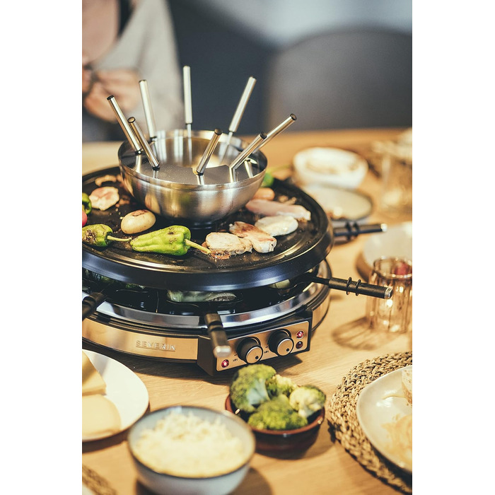 Комбінація SEVERIN Raclette-fondu, 1900 Вт, раклет на 8 осіб з каменем для гриля, комбінація раклету і фондю 2 в 1 з 8 сковородами, скребками і виделками для фондю, RG 2348