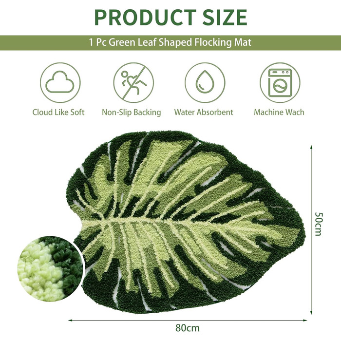 Зелений килимок для ванни, килимок для душу, килимок для ванної кімнати з листям монстери, килимок для підлоги у формі тропічної рослини, нековзний килимок для туалету, що миється, килимок для туалету 50 x 80 см