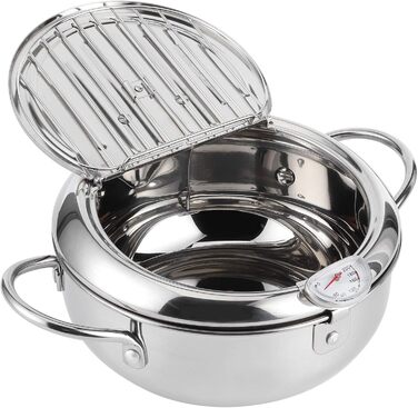 Горщик для фритюрниці, японська каструля з термометром, глибока фритюрниця з нержавіючої сталі 304 з осушувачем олії для чіпсів темпура, картоплі фрі, риби та курки (велика 24 см)