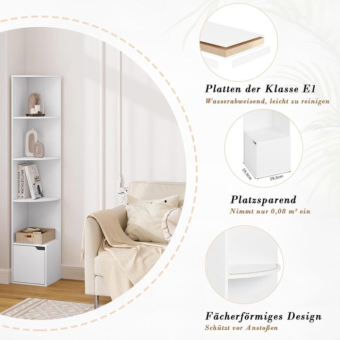 Кутова полиця WOLTU, книжкова шафа, окремостояча полиця, полиця для зберігання, полиця з дверцятами, з 5 полицями, виготовлена з інженерної деревини, для кабінету, спальні, вітальні, офісу, 29,5x158x29,5 см, білий, SK038ws