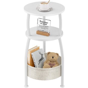 Круглий приставний столик, 3-ярусний круглий маленький столик, маленький журнальний столик, тумбочка біля ліжка, з тканинною кишенею, столик для вітальні, тканинний кошик, диванний столик для декору кімнати, дерево, метал, сучасний (білий)