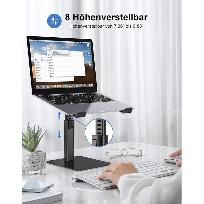 Підставка для ноутбука Babacom, 8 рівнів регулювання, алюмінієва охолоджуюча панель, ергономічна вентильована конструкція, сумісна з MacBook, Air, Pro та всіма ноутбуками 10-16 дюймів - Чорна