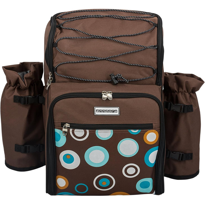 Рюкзак для пікніка Anndora на 4 особи з вбудованою сумкою-холодильником, коричневий з синіми колами, включаючи набір аксесуарів з 29 предметів