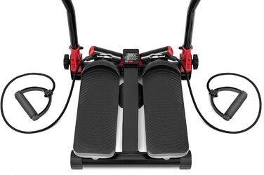 Степер Hop-Sport з ручками - компактний степер-гойдалка для домашнього використання, фітнес-пристрій з РК-дисплеєм та еспандерами, тренування зі скандинавської ходьби, максимальне навантаження 100 кг, червоний