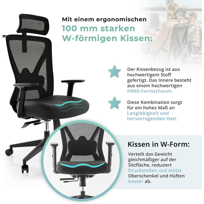 Ергономічне офісне крісло - Офісні крісла 150 кг, сертифіковані TV та NEN 1335 - Офісний стілець - Крісло - Ергономічне офісне крісло - Комп&39ютерне крісло з регульованою висотою та зручне для спини - Чорне