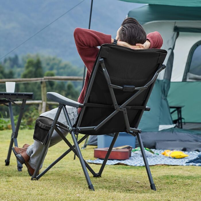 Крісло для кемпінгу Portal, складне, спинка регулюється в 3 положеннях, розкладне крісло, вантажопідйомність 160 кг, висока спинка, крісло для кемпінгу/рибальства, садове крісло, крісло для відпочинку, алюмінієве, для саду, балкону, пікніка, чорне