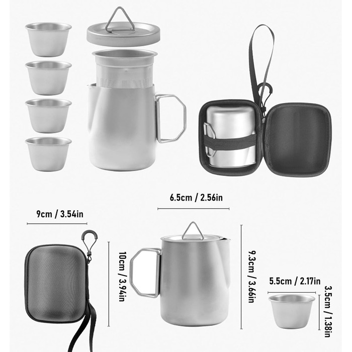 Набір для чаю з нержавіючої сталі Bnineteenteam, портативний чайник з ситечком та 4 чашки в чохлі для кемпінгу