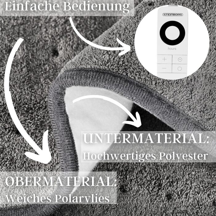 Електрична ковдра з підігрівом Steinborg з автоматичним вимиканням 150 x 80 см Таймер на 6 годин Можна прати в пральній машині при 30C 6 налаштувань температури Дистанційне керування Ковдра з підігрівом Підковдра з підігрівом Ковдра з підігрівом