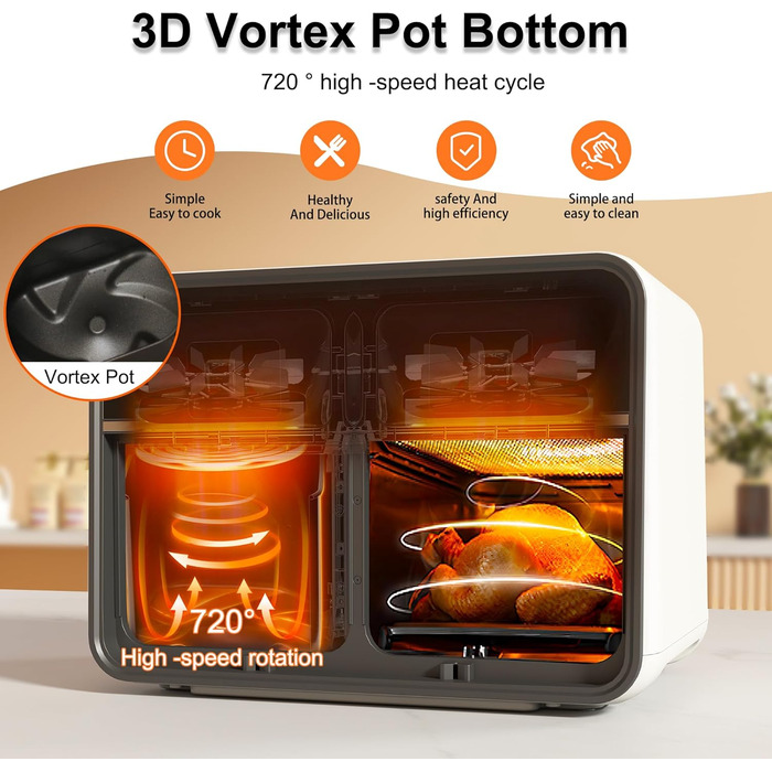 Двозонна фритюрниця Runnatal з оглядовим вікном, мультипіч 8 л, 2100 Вт, 2 відділення, двокамерна фритюрниця 14 в 1 з вегетаріанськими та м'ясними горщиками, 2 камери фритюрниці, антипригарне покриття