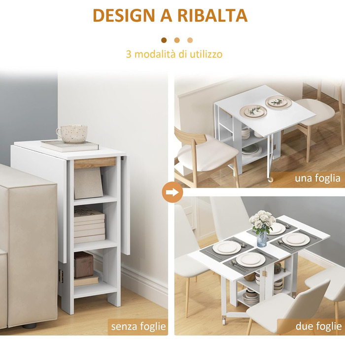 Розкладний обідній стіл HOMCOM, розкладний кухонний стіл, на колесах, з 2 висувними панелями та 3 полицями, сучасний дизайн, кухонний стіл для невеликих приміщень, 120 x 60 x 75 см, білий