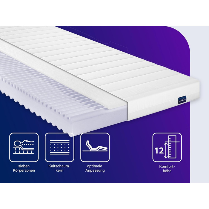 В 1 Duo - ортопедичний 7-зонний матрац з холодної піни, рівні жорсткості 2 та 3, сертифікований ko-Tex, 90 x 200 см, висота 12 см, виготовлений за німецькими стандартами якості, 90 x 200 см, 12 см, 2