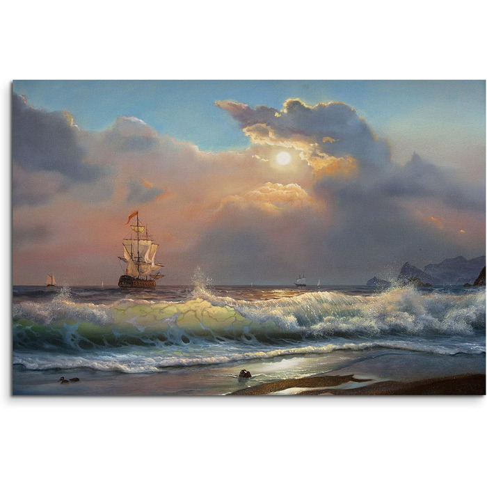 Полотно картина на підрамнику олійний живопис пляж морські хвилі вітрильник хмари полотно фреска як панорама, 120x80