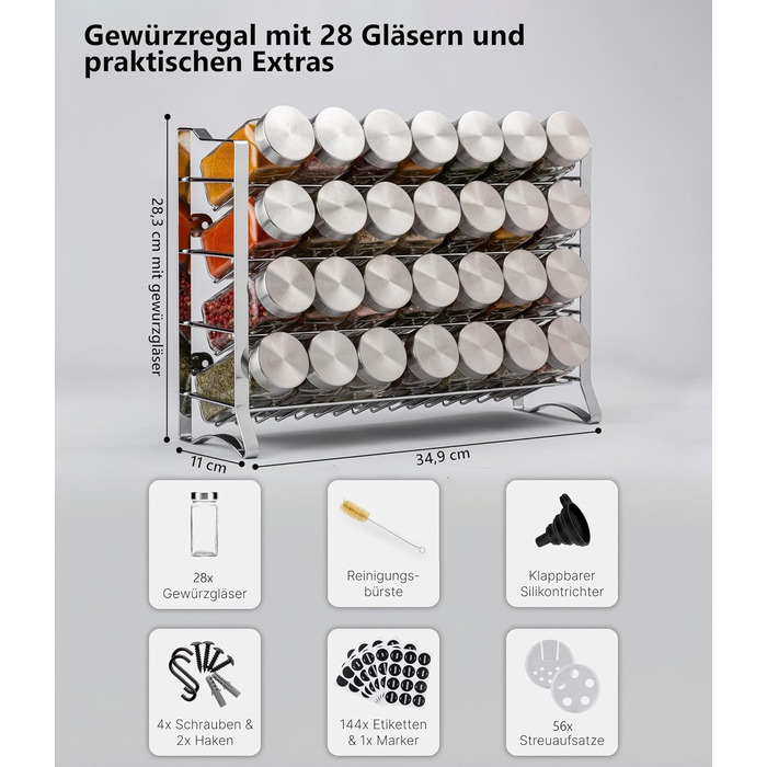 Підставка для спецій Deco haus, настінна та настінна З 28 БАНКАМИ ДЛЯ СПЕЦІЙ ТА ЕТИКЕТКАМИ - Органайзер для спецій - Органайзер для підставки для спецій - Підставка для спецій, підвісні підставки для спецій - Шафа для підставки для спецій, чорне місце для