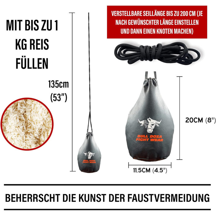 Реакційний мішок для ухилення - Ширина кулака - 1 кг у наповненому стані - 2-метрова мотузка для підвішування в комплекті - Боксер