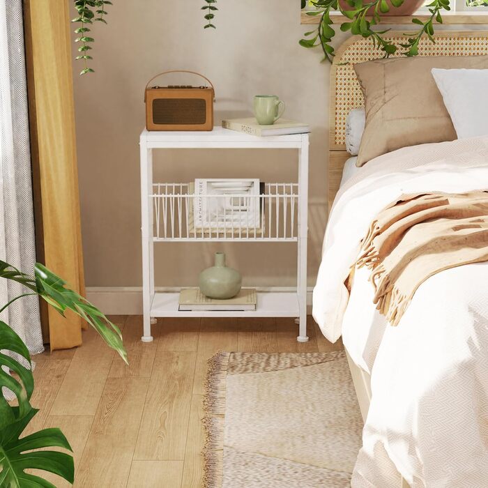 Вузький журнальний столик, маленький журнальний столик з 3 полицями, стійка для журналів, журнальний столик для вузьких приміщень, дротяна сітка, маленька тумбочка для ліжка, для вітальні, спальні, білий