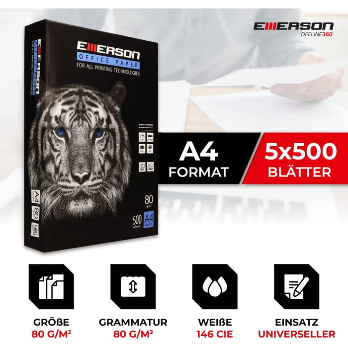 Папір для копіювання принтера Emerson TIGER A4 210 x 297 мм А4 Ксерокопний папір Білизна 146 CIE 80 г/м2 5x500 аркушів Принтер лазерний, струменевий, ксерокопійний, факсимільний Папір для ксерокопіювання