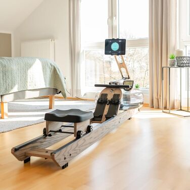 Водний гребний тренажер WaterRower Driftwood Оригінальний для домашнього використання, виготовлений з високоякісної масивної деревини LightRing та Bluetooth-монітор Тримач для планшета та додаток WaterRower Connect