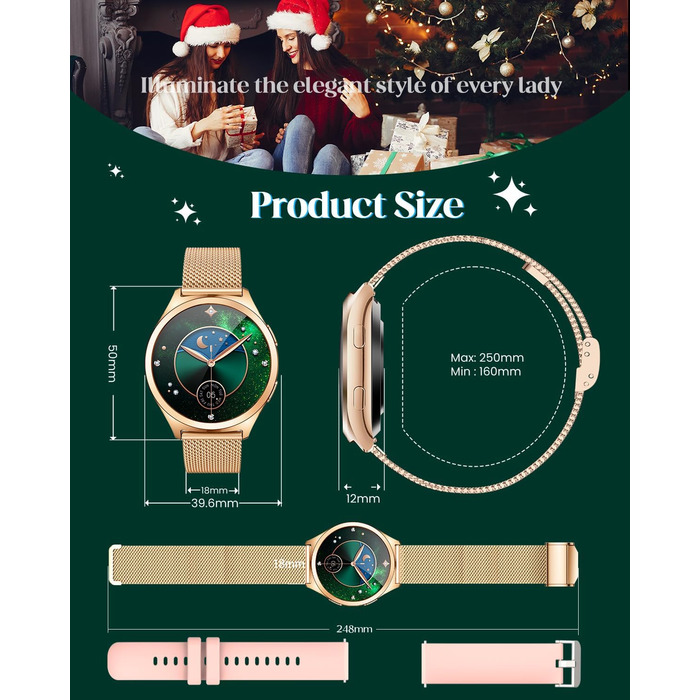 Золотий смарт-годинник для жінок, круглий смарт-годинник для жінок, металевий браслет з функцією телефону, крокомір, монітор сну, серцевий ритм, кров&39яний тиск, водонепроникний 1,27 дюйма, маленький тонкий сенсорний екран, спортивний фітнес-годинник