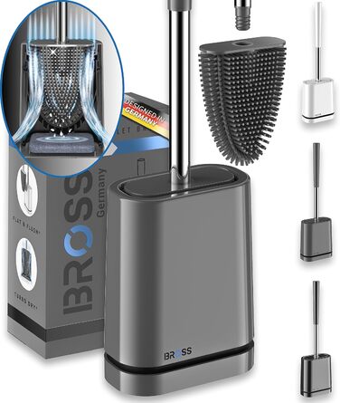 Щітка для унітазу BROSS силіконова - Запатентована щітка для унітазу - Щітка для унітазу сіра - Щітка для унітазу та тримач для ун