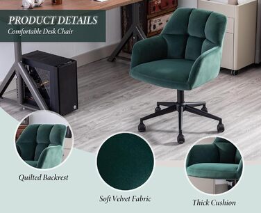Оксамитове офісне крісло з колесами, обертове крісло, регульоване по висоті робоче крісло, товста спинка, зручне офісне крісло для домашнього кабінету, спальня, зелений