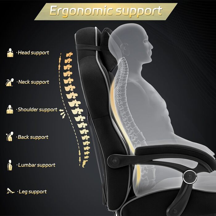 Ігрове крісло WOLTU, тканинне, прохолодне влітку, ергономічне, вантажопідйомність 150 кг, регульована спинка, ергономічна поперекова опора, підставка для ніг, офісне та ігрове крісло, чорнийсірий, еластична тканина