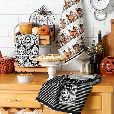 Колекція чайних рушників DII Happy Halloween, оздоблена бавовна, набір кухонних рушників, 45,7 х 71,1 см, дамаск з черепом/будинок