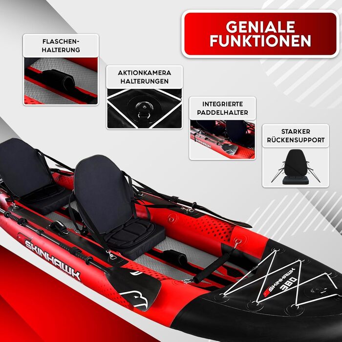 Ексклюзивний червоний набір для каяків SKINHAWK 380 - Надувний човен - Каное - 380 x 96 см - Каяк на 2 особи. Набір для каяків Skinhawk 380 з алюмінієвим веслом.