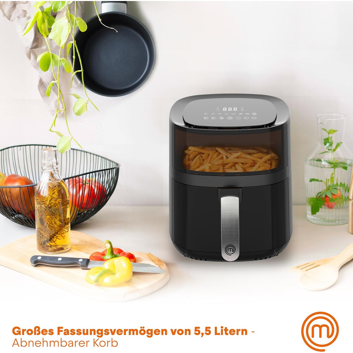 Фритюрниця MasterChef 5.5 л фритюрниця 1500 Вт, фритюрниця гаряче повітря без жиру для 4-6 осіб, фритюрниця з цифровим сенсорним екраном і 7 програмами, попередній нагрів і підтримання тепла, 80-200C 5.5 л