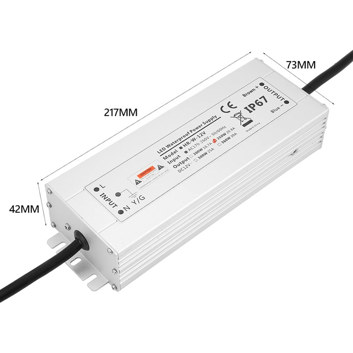 Світлодіодний драйвер, 12 В/24 В 250 Вт Світлодіодний трансформатор Блок живлення зі світлодіодною стрічкою IP67 Водонепроникний світлодіодний трансформатор із захистом від перенапруги Захист від перевантаження по струму (12 В 20.8A HRW-12V250W)