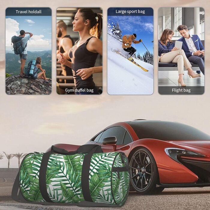 Спортивна сумка для подорожей, принт Листя банана, зелений малюнок, чорний колір, універсальний розмір