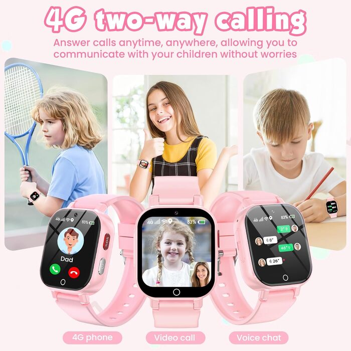 Розумний годинник 4G для дітей з GPS, дитячий годинник з телефоном, відеодзвінками та голосовим чатом, Wi-Fi, SOS, крокомір, будильник, ігри, дитячий подарунковий наручний годинник для дівчаток та хлопчиків віком від 4 років, рожевий