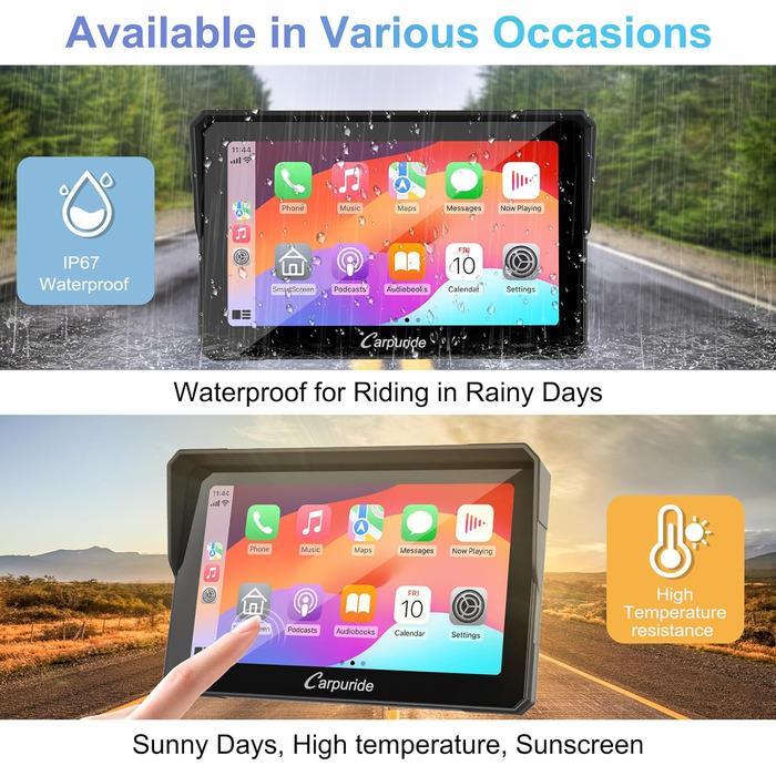 Бездротовий екран Carpuride W702 Carplay для мотоцикла, портативний CarPlay & Android автомобіль для мотоцикла, 7-дюймовий водонепроникний сенсорний екран, підтримує подвійний Bluetooth, GPS-навігацію, Siri.