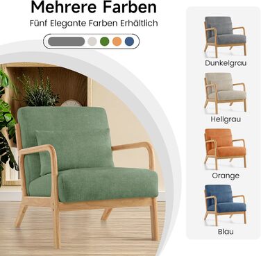 Акцентне крісло з подушкою, сучасне м&39яке крісло для вітальні, крісло для відпочинку з підлокітниками та дерев&39яним каркасом, зручне крісло для читання, зелена тканина, комплект з