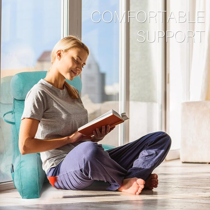 Подушка для читання MINGPINHUIUS XL для ліжка та дивана зі знімним валиком для шиї, ідеальна подушка для спини дорослих з піною з ефектом пам&39яті для комфортного читання, роботи, гри, перегляду телевізора, відпочинку (синя)