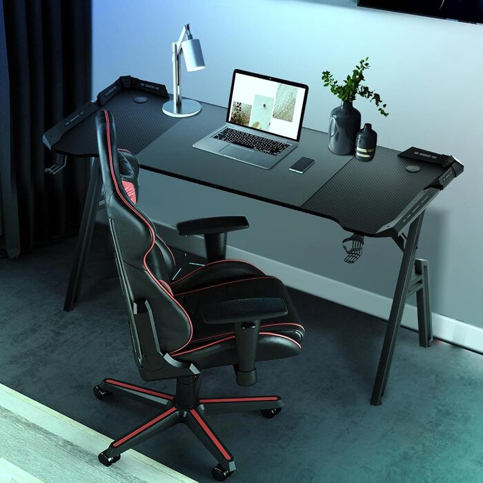 Ігровий стіл 120x60 см, А-подібний ігровий стіл, комп&39ютерний стіл з підсклянником, гачком для навушників, карбоновим покриттям, стабільний ергономічний ПК-стіл для домашнього офісу, ігровий стіл 120 x 60 см А-подібний світлодіодний