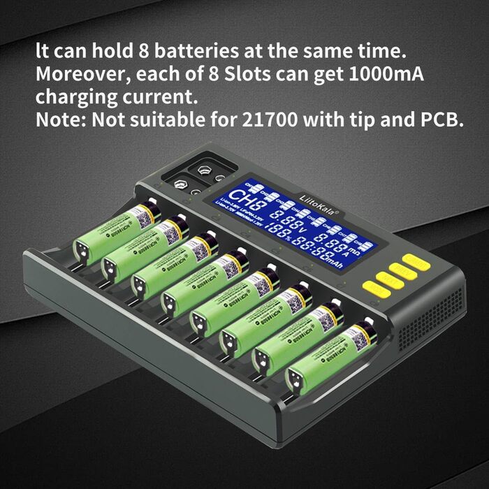 Зарядний пристрій для акумуляторів 18650, LiitoKala LII-S8 8-секційний зарядний пристрій 9V з РК-дисплеєм, зарядний пристрій для Li-Ion LiFePO4 NI-MH NI-Cd AA AAA C 21700 26650 13650 16340 18700 RCR123
