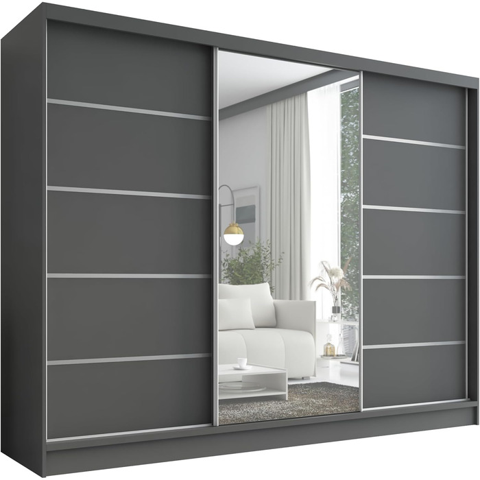 Шафа Aurelia 1 Шафа з розсувними дверима шириною 200 см з дзеркалом, 3-дверна, шафа з шухлядами, шафа з розсувними дверима для спальні або гардеробної, графіт