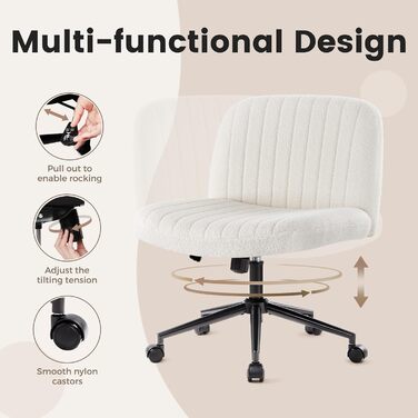 Офісне крісло IWMH без підлокітників, регульоване по висоті поворотне крісло з колесами, письмове крісло з оббивкою з тканини Teddy, крісло для читання з ширшою подушкою для сидіння зі схрещеними ногами (біле з колесами) Teddy White з колесами