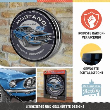 Ретро-настінний годинник Nostalgic-Art, Ø 31 см, Ford Mustang 1969 Mach 1 Blue ідея подарунка для фанатів Ford, оригінальний ліцензійний продукт (OLP), великий кухонний годинник у вінтажному дизайні