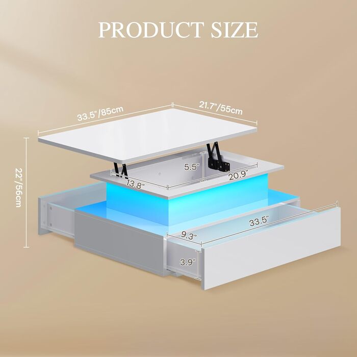 Журнальний столик з регульованою висотою, глянцевий стіл для вітальні з підйомною стільницею, сучасний журнальний столик для вітальні з 16-кольоровим світлодіодним освітленням та 2 шухлядами, білий, повний підйом