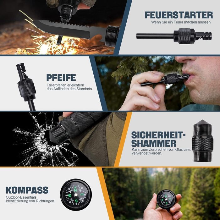 Золотий Птах Axt Survival 9-в-1 Набір для виживання та кемпінгу, гострий туристичний сокира-мультитул з молотком, піхвами, свистком та компасом (41 см)