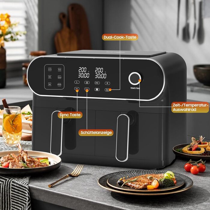 Двокамерна фритюрниця iceagle 11 л - XXL фритюрниця з 2 відділеннями Двозонна фритюрниця, 6 функцій приготування, сенсорний екран, книга рецептів, здорові страви для великої родини Подвійний кошик 11 л