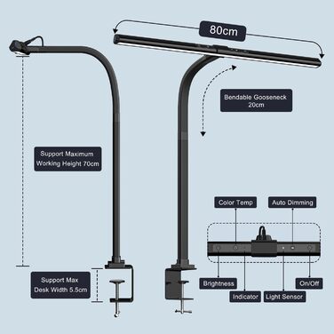 Настільна лампа 24 Вт зі світлодіодним регулюванням яскравості, надширока настільна лампа 80 см, що затискається з регульованою колірною температурою, офісна настільна лампа для захисту очей, лампа для монітора, без відблисків на екрані та мерехтіння чорн