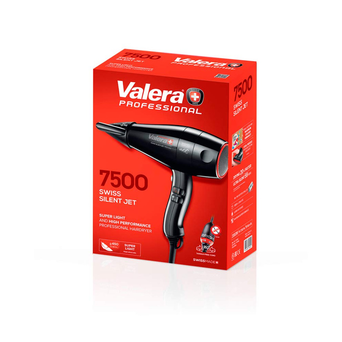 Професійний фен Valera Swiss Silent Jet Light 7500, двигун PM-Pro, 3 температурні режими, іонізація, кабель Super-Flex, 2000 Вт, чорний