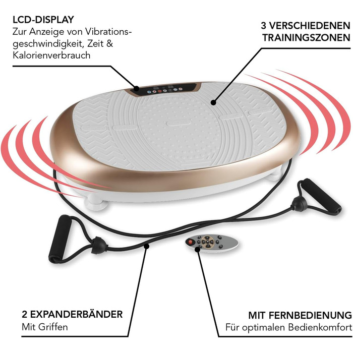 Вібротренажер VITALmaxx з 30 рівнями вібрації та 3 програмами та РК-дисплеєм Тренування всього тіла в домашніх умовах, включаючи еспандери та пульт дистанційного керування Шампанське