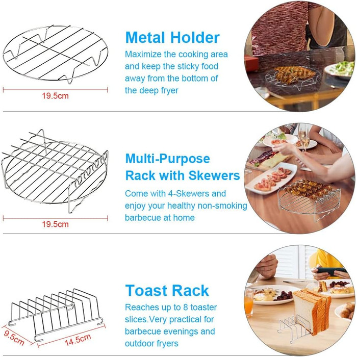 Набір аксесуарів для фритюрниці, набір аксесуарів для фритюрниці 8 дюймів 13 шт. для фритюрниць 3.8-5.5 л з рецептами, чашки для тортів з антипригарним покриттям, лоток для піци, силіконовий вкладиш для сковороди, форми для мафінів тощо.